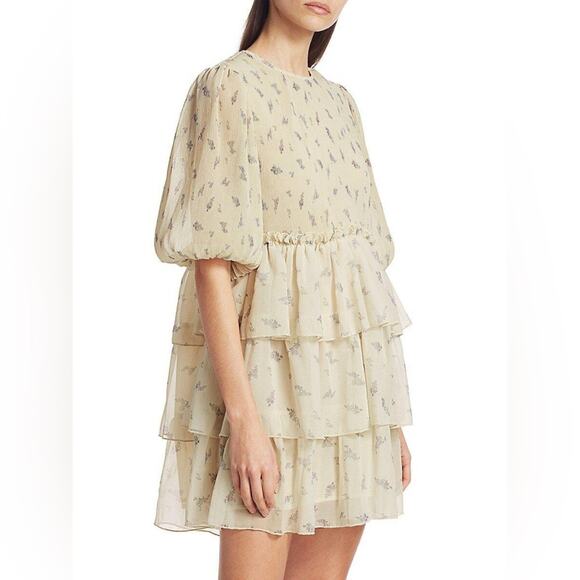 GANNI Size 40/ US Large Floral Print Pleated Georgette Babydoll Mini Dress - Picture 2 of 14